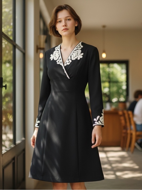 Maggy London Dresses & Skirts - MAGGY LONDON Vint RARE 80s A-line Bell Sleeve V-Neck Dress Sz 6 Embroidered NWOT